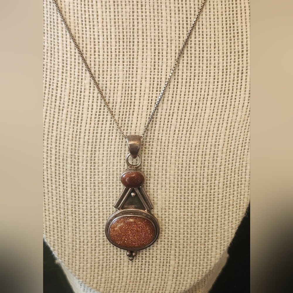 Art Deco Style Sterling Silver Goldstone Pendant Necklace
